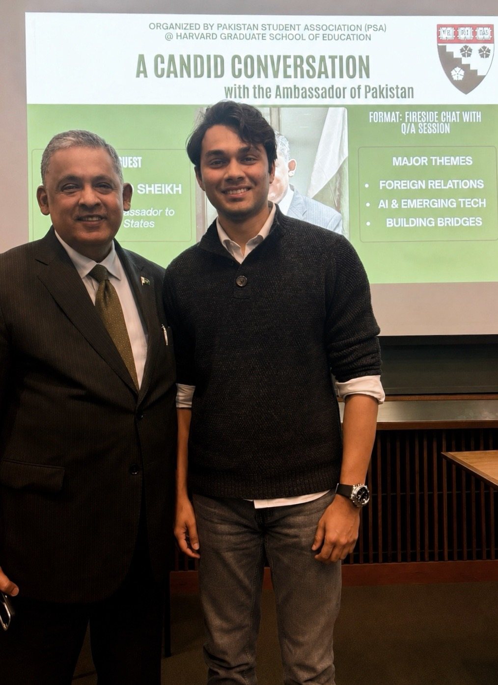Mahdeen (Sameer) Khan with Rizwan Saeed Sheikh, Pakistan's Ambassador to the United States, at Harvard Graduate School of Education